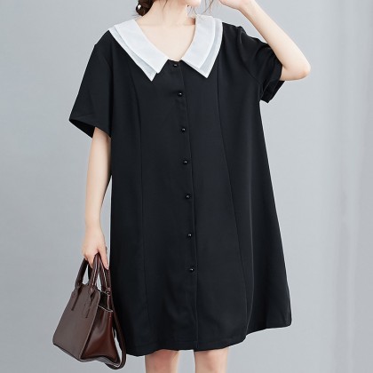 雙層網紗領假排釦大尺碼洋裝連衣裙-(現貨+預購)